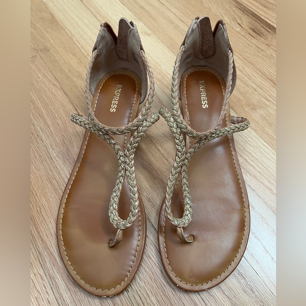 Express braided camel and gold sandals size 9